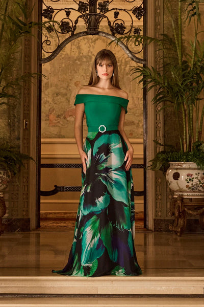 Emerald Bloom Off-Shoulder Evening Gown