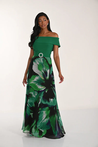 Emerald Bloom Off-Shoulder Evening Gown