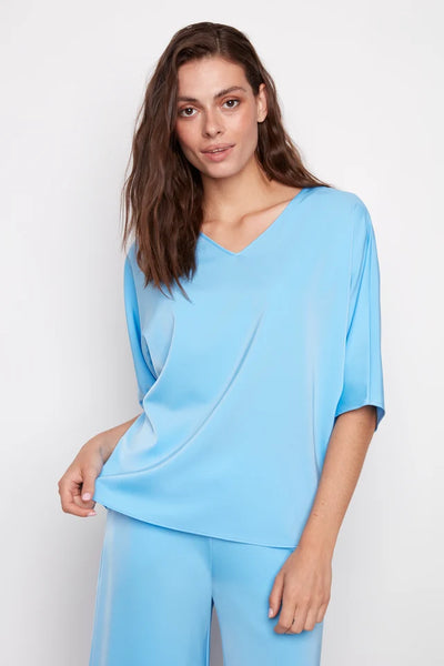 UP! Belize Satin V-Neck Short Sleeve Top