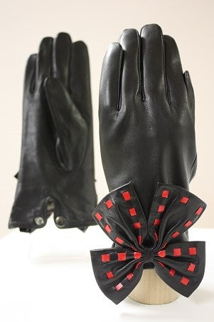 Red and Black Bow Leather Gloves