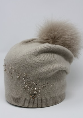 Beaded Angora Toque with real fur pompom