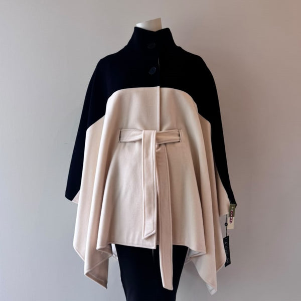 HSO Wool Blend Two-Toned Poncho With Waist Tie