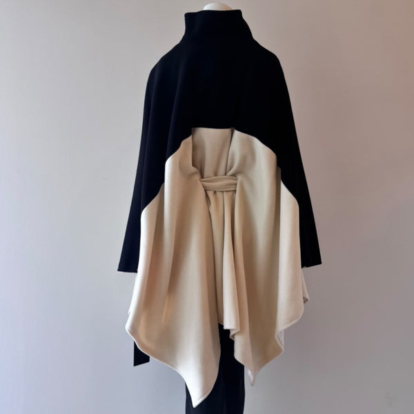HSO Wool Blend Two-Toned Poncho With Waist Tie